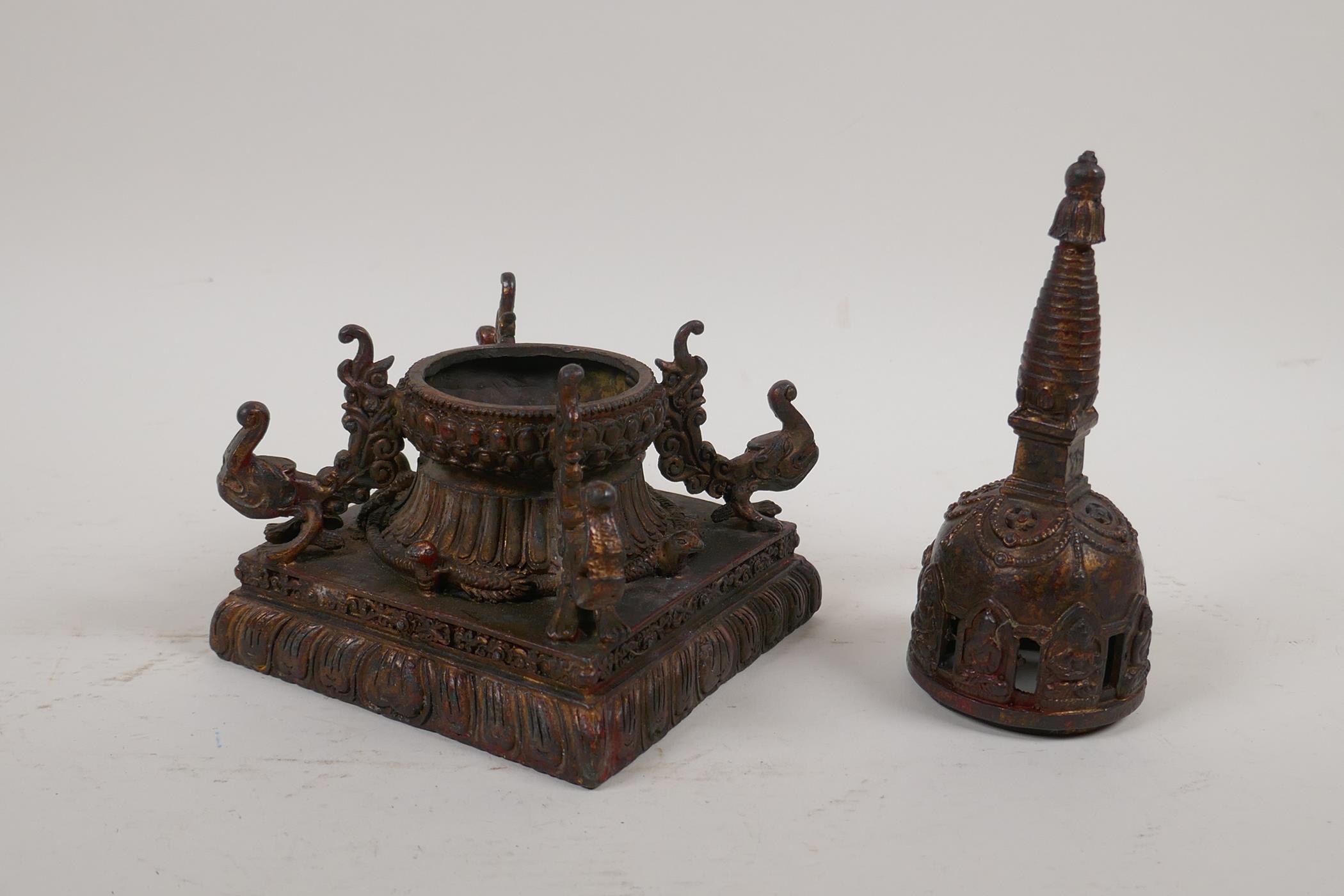 A Tibetan bronze stupa shaped censer, 8½" high - Image 2 of 4