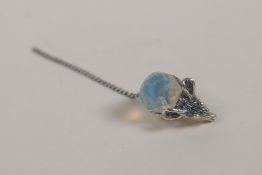 A miniature 925 silver mouse brooch set with a moonstone cabochon