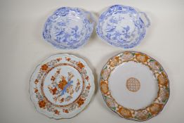 Two C19th Hicks and Meigh blue and white leaf shaped porcelain serving dishes, 8" diameter, and