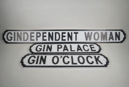 Three humorous wooden 'street signs' referencing gin, largest 48" long