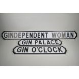 Three humorous wooden 'street signs' referencing gin, largest 48" long