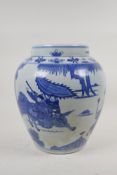 A blue and white porcelain jar decorated with warriors on horseback, Chinese Kangxi character mark