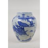 A blue and white porcelain jar decorated with warriors on horseback, Chinese Kangxi character mark