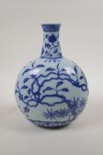 A Ming style blue and white porcelain flask decorated with bushes in bloom, 4 character mark to