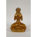 A Sino Tibetan gilt bronze figure of Buddha seated in meditation, double Vajra mark to base, 8" high