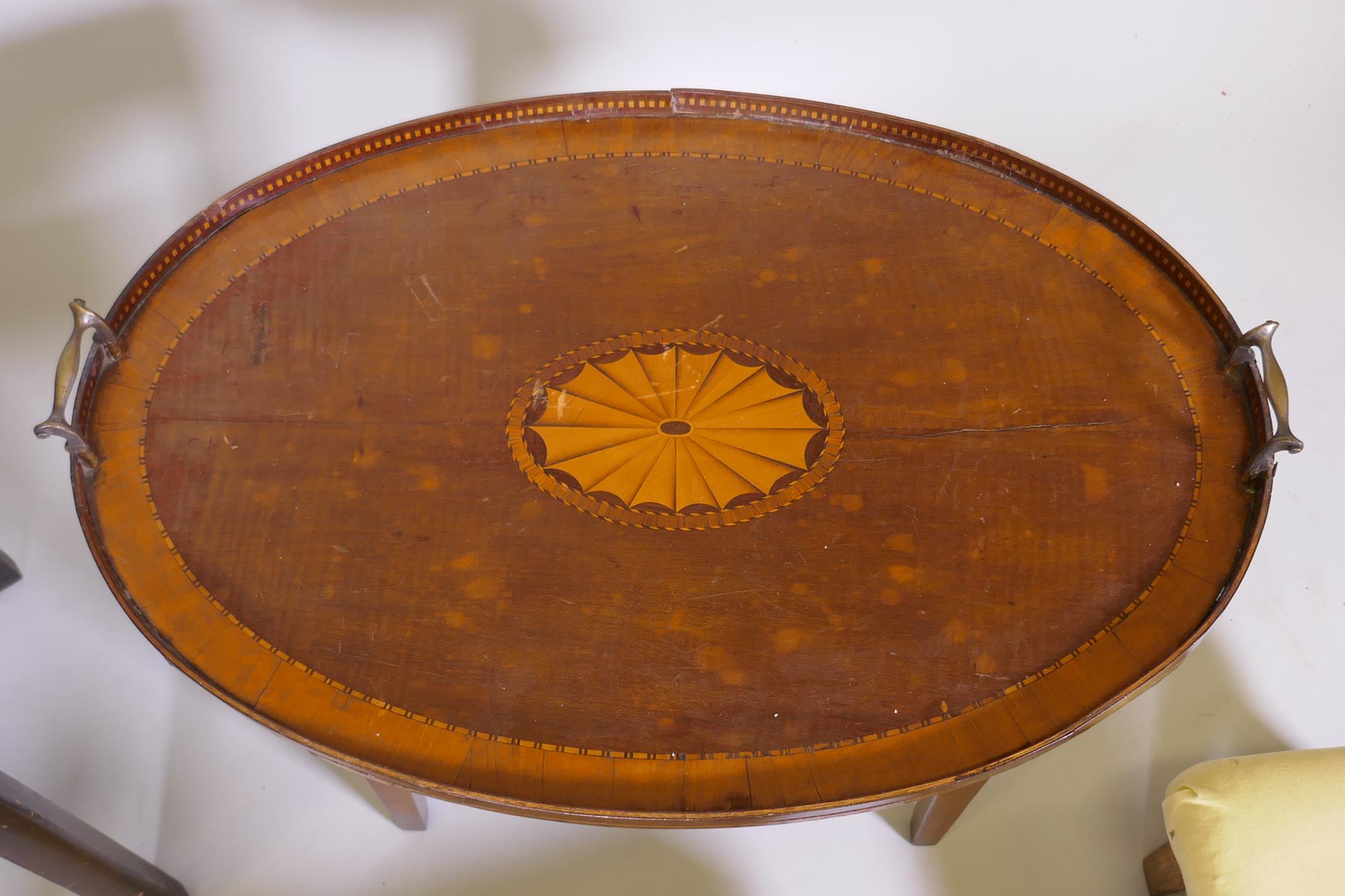 A C19th inlaid oval tray, mounted on a base, a mahogany tray, workbox with sliding top, a painted - Image 3 of 10