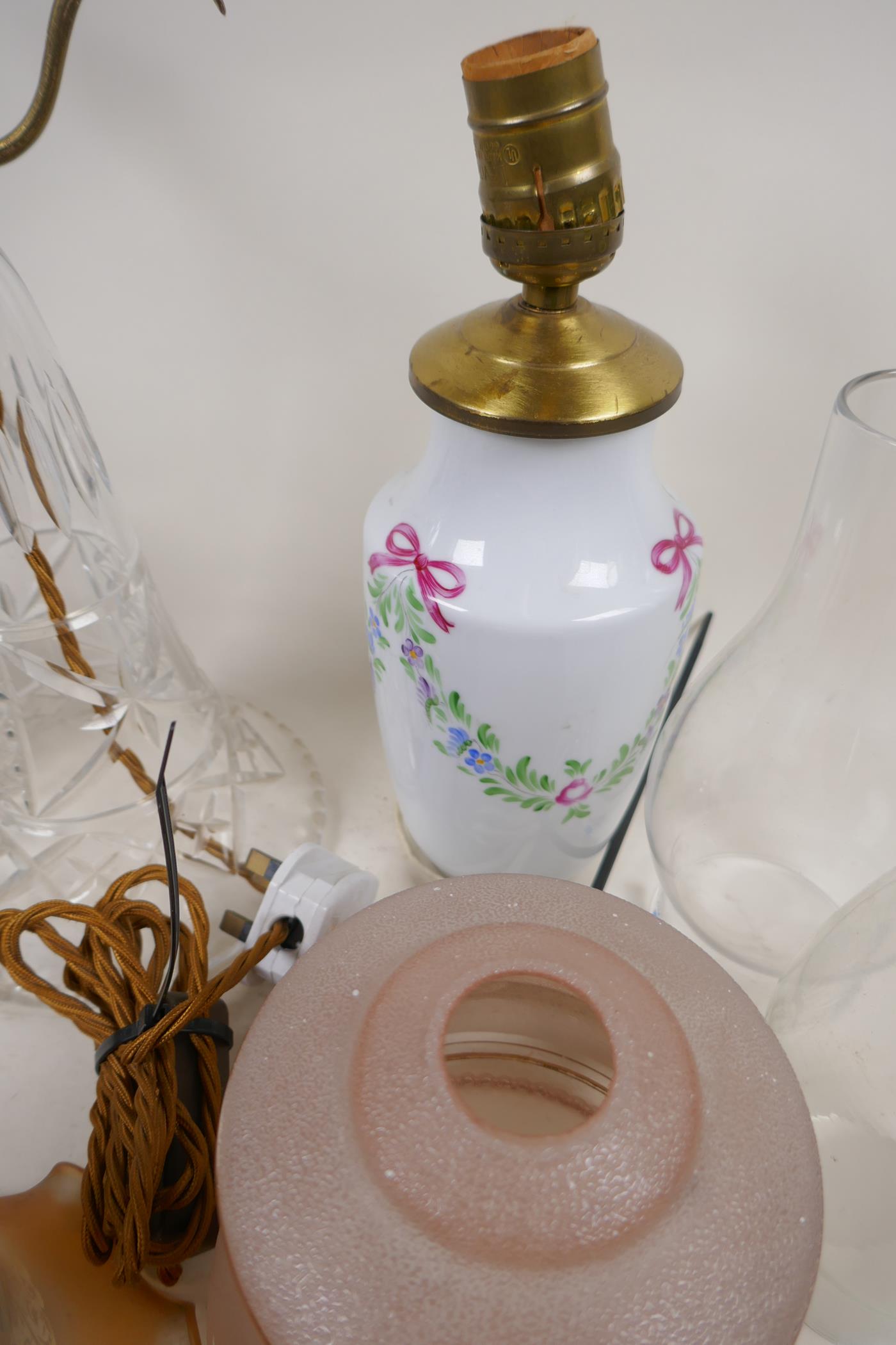 Three porcelain table lamp bases, a cut glass lamp base, three vintage glass light shades and - Image 5 of 5