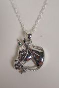 A sterling silver horse head pendant necklace, 1" drop