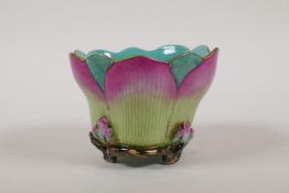 A polychrome porcelain rice bowl in the form of a lotus flower, Chinese Qianlong seal mark to