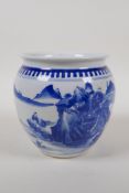 A blue and white porcelain jar decorated with a mountain landscape scene, Chinese KangXi 6 character