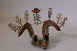 Antique Anglo Indian desk stand with inkwell and ram's horn decoration, with brass mounts, 9" high