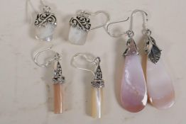 Three pairs of silver and mother of pearl earrings