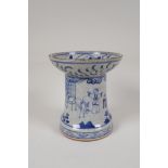 A Chinese crackleware censer/taper holder with blue and white decoration of figures in a garden, 4