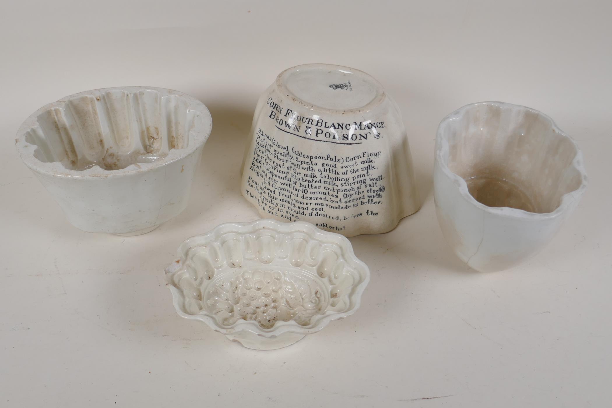 A Brown and Polson's Cornflower blancmange ceramic jelly mould, and three other C19th ceramic moulds