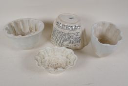 A Brown and Polson's Cornflower blancmange ceramic jelly mould, and three other C19th ceramic moulds