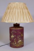 A contemporary toleware table lamp with pleated silk shade, unused, 26" high to top of shade