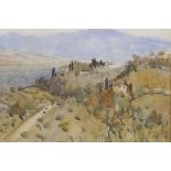 A Continental landscape with distant mountains, signed W.G. de Glihn (?), watercolour, 10" x 14"