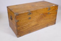 A C19th camphorwood campaign chest with brass mounts and inset military style handles, 41" x 21" x