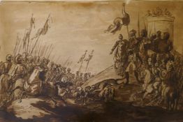 An antique ink and wash drawing, soldiers preparing for battle, 10½" x 17"