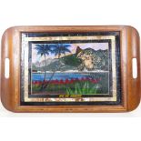 An inlaid hardwood and butterfly membrane tea tray depicting Rio de Janeiro, 20½" x 13"