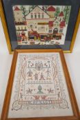 A woolwork picture of a C19th high street, 15" x 11", and a pictorial sampler dated 1992