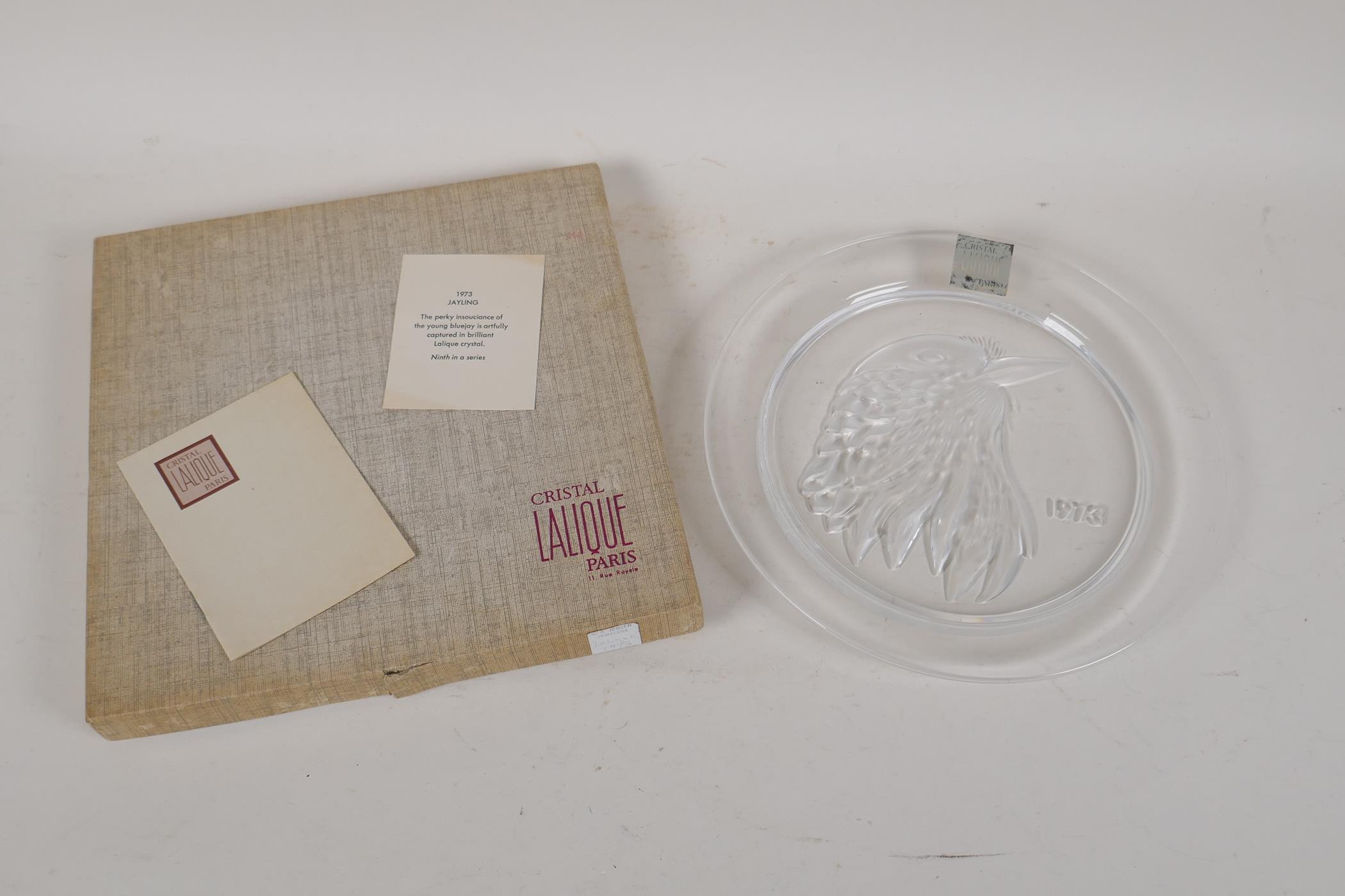 A Lalique crystal 'Jayling' dish, 1973, with original box, leaflets and stickers, 8½" diameter - Image 2 of 4