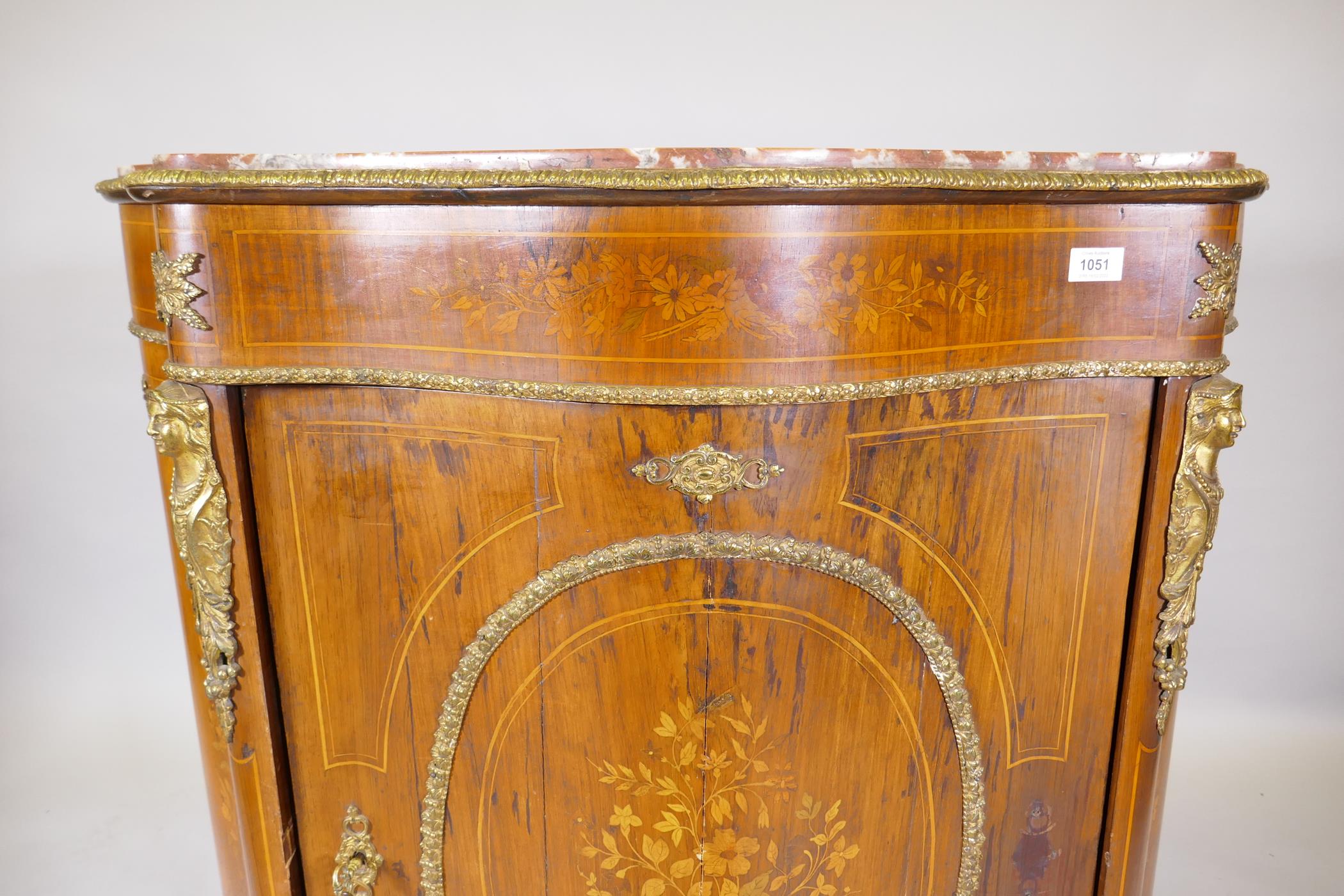 A French marquetry inlaid serpentine front rosewood cabinet with ormolu mounts and marble tops, - Image 11 of 12