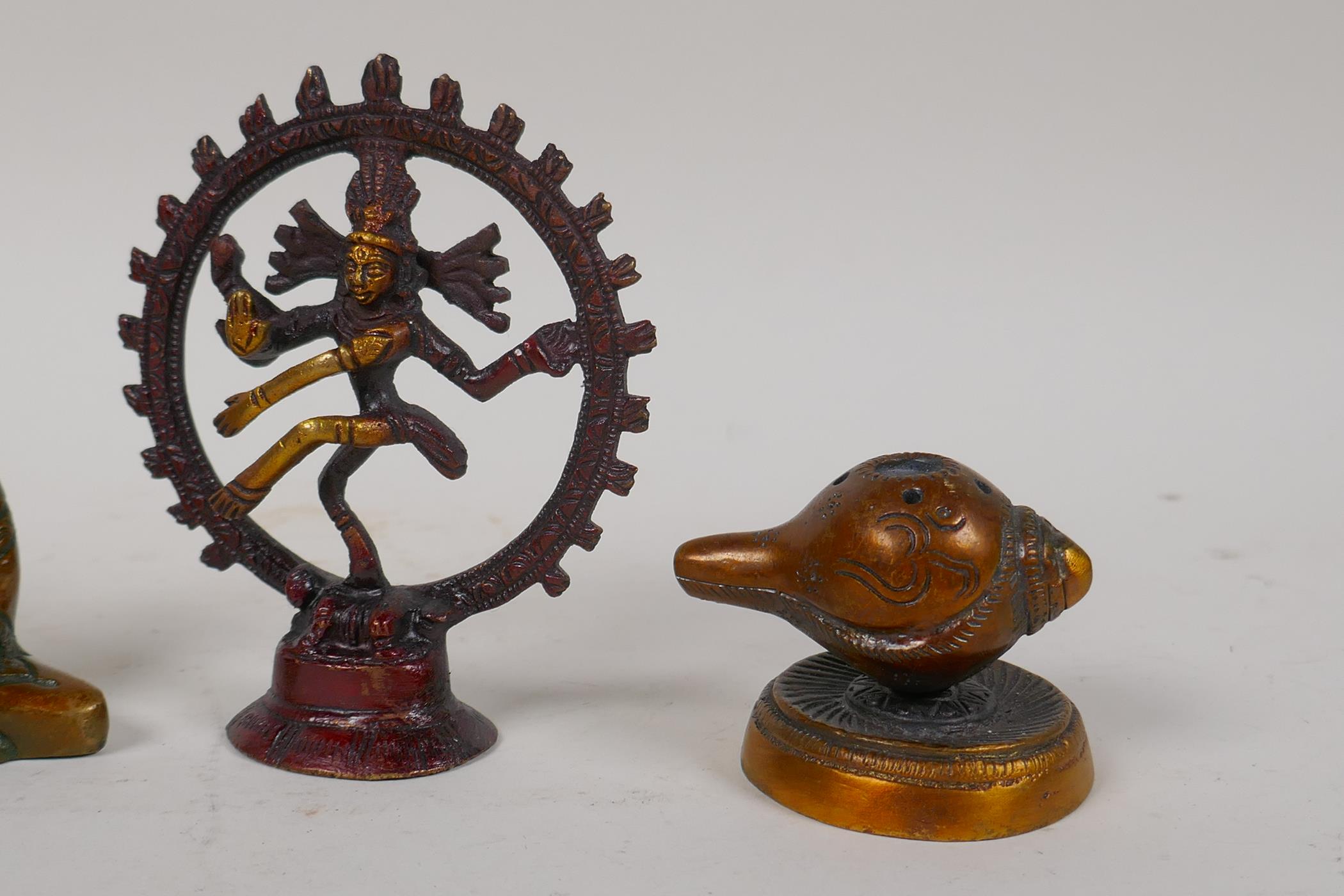 Four Tibetan bronze items including two Buddha figures, a conch shell incense holder and a Shiva - Image 3 of 3