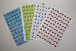 Four sheets of Chinese facsimile stamps depicting animals of the zodiac, 9½" x 13"