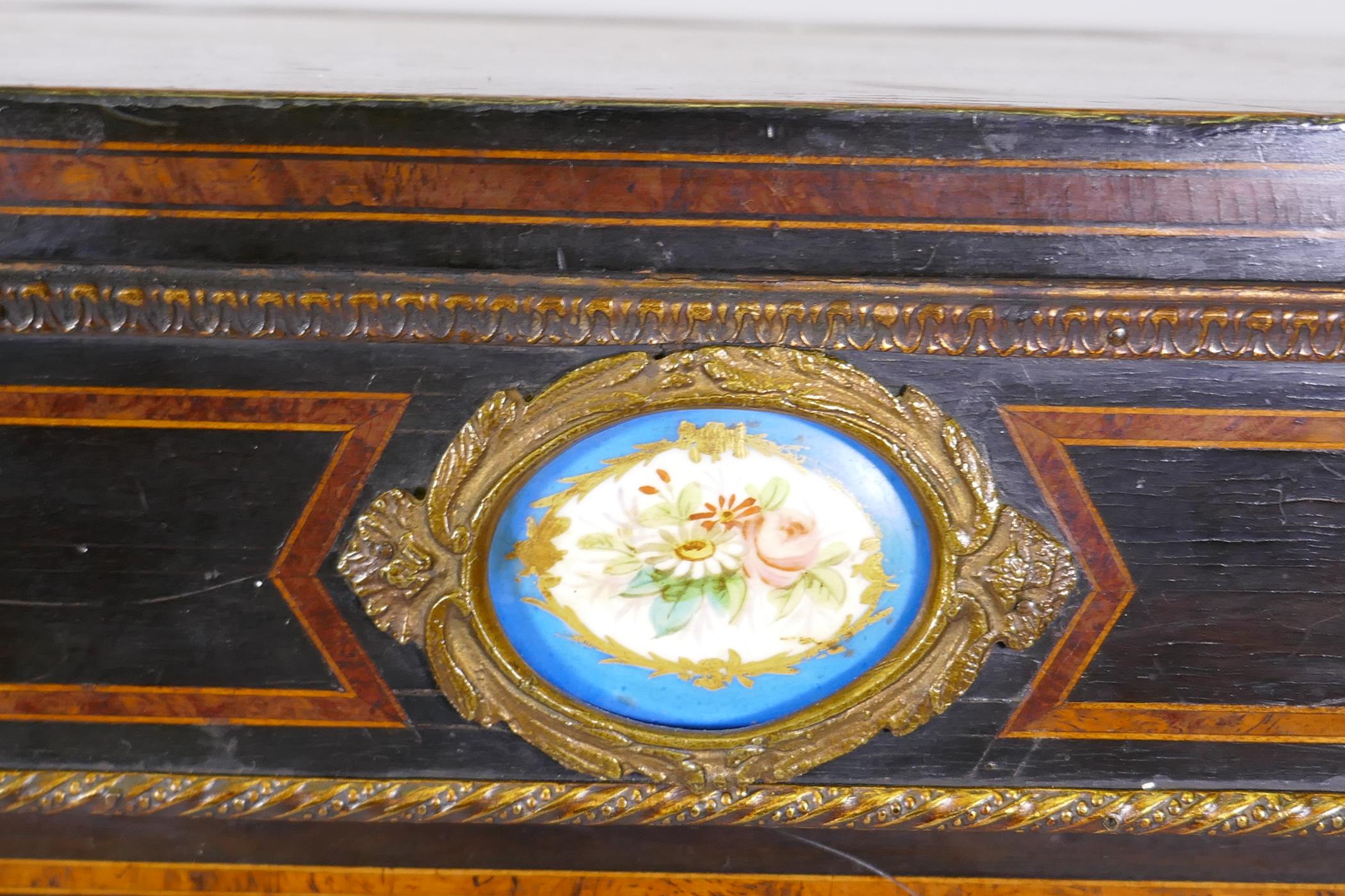 A C19th ebonised and inlaid credenza with brass mounts and inset Sevres style painted plaques, two - Image 4 of 7