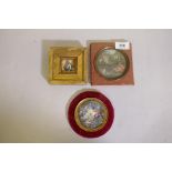 A miniature painting, still life, flowers, 3" diameter, an C18th overpainted engraving and a