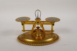 A set of ormolu postage scales with inset banded agate panels, 7" wide