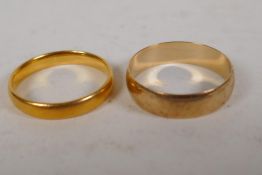 A 22ct gold wedding band size O, 3.5g and a 9ct gold wedding band size Q, 2.1g
