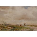 Wycliffe Egginton, figure with horse and cattle in a landscape, signed, unframed watercolour, 13½" x