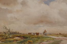 Wycliffe Egginton, figure with horse and cattle in a landscape, signed, unframed watercolour, 13½" x