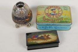 An Argentina alpaca silver maté gourd, a Russian lacquer trinket box and a Players Navy Cut