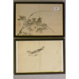 Oriental watercolour, bird on a branch and another of a cricket, 13" x 9"