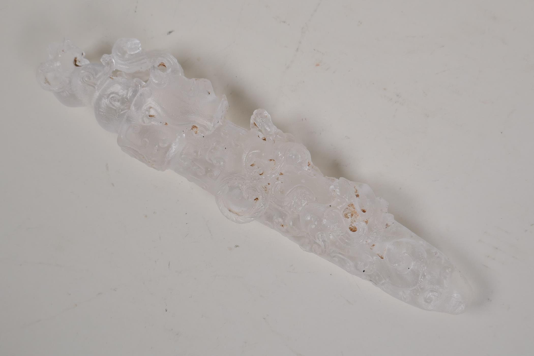 A Chinese moulded glass/crystal dagger shaped ornament decorated with dragons, kylin and phoenix, 9" - Image 2 of 3