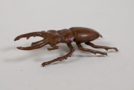 A Japanese style bronze okimono stag beetle, 2½" long