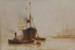 F.W. Scarbrough, Thames shipping scene, inscribed 'Off Blackwall, London', signed watercolour, 9½" x