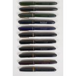 Ten Swan Mabie Todd self-filling fountain pens, and one Swan Mabie Todd lever-less fountain pen, all