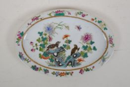 A polychrome porcelain oval dish decorated with birds amongst flowers, Chinese GuangXu 6 character