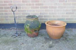 A vintage terracotta herb planter, 19" high, a planter and pot holder constructed from horse shoes