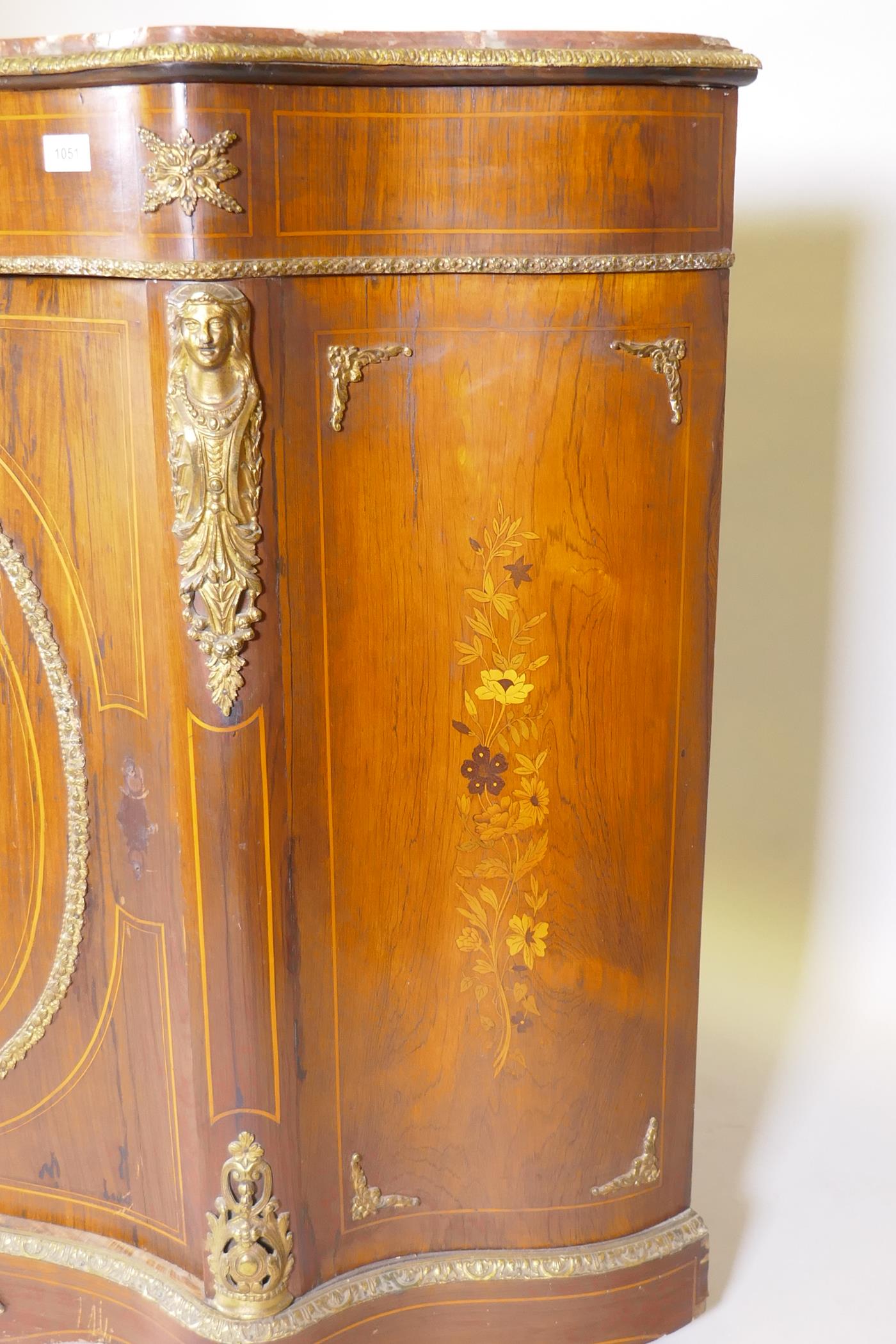 A French marquetry inlaid serpentine front rosewood cabinet with ormolu mounts and marble tops, - Image 2 of 12