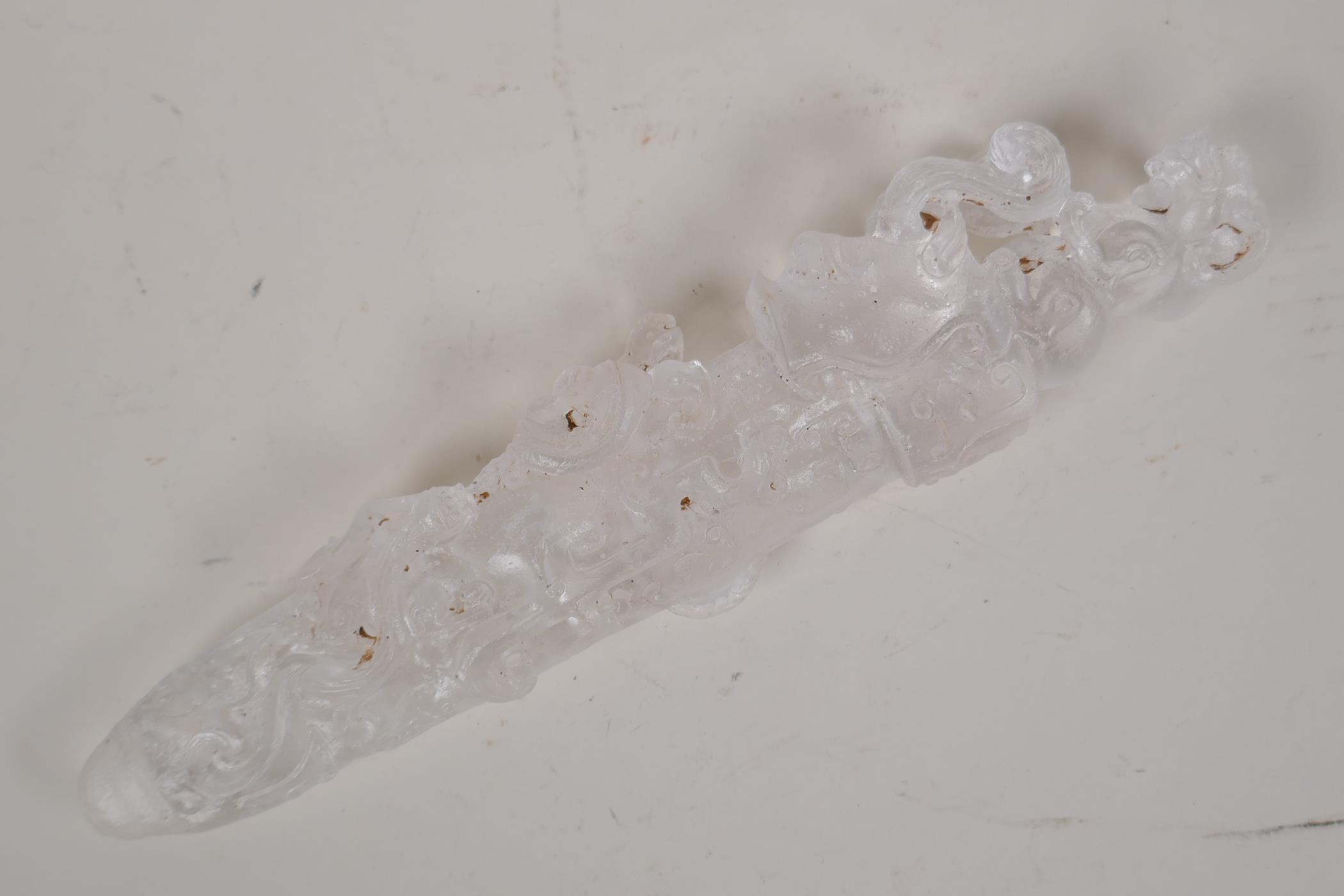 A Chinese moulded glass/crystal dagger shaped ornament decorated with dragons, kylin and phoenix, 9" - Image 3 of 3