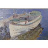 A study of a boat by a jetty, signed, also signed and inscribed verso, Russian oil on card, 5½" x 8"