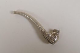 A Chinese white metal pipe, the bowl moulded in the form of a dragon's head, impressed 2 character