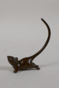 A Japanese style bronze okimono mouse, 3" high