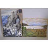 A coastal inlet, and a rocky coastal scene, both signed Phelan Gibb, unframed gouache paintings,