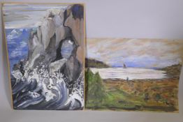 A coastal inlet, and a rocky coastal scene, both signed Phelan Gibb, unframed gouache paintings,